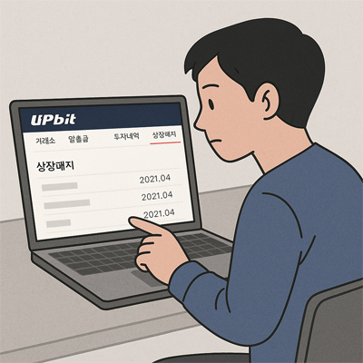한 남성이 업비트 거래소 웹사이트에서 상장폐지된 코인 목록을 확인하는 장면