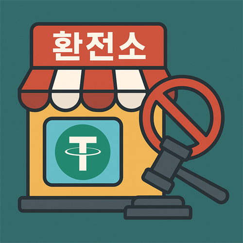 테더 로고가 표시된 환전소와 함께 금지 마크와 판사 망치가 있는 일러스트 이미지