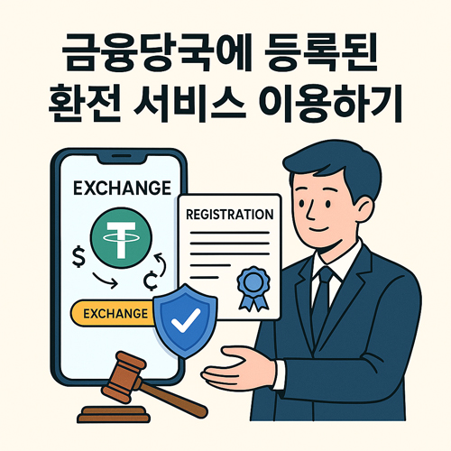 스마트폰 환전 앱, 등록증, 보안 방패, 남성 사용자, 테더 로고가 포함된 합법 환전 서비스 일러스트